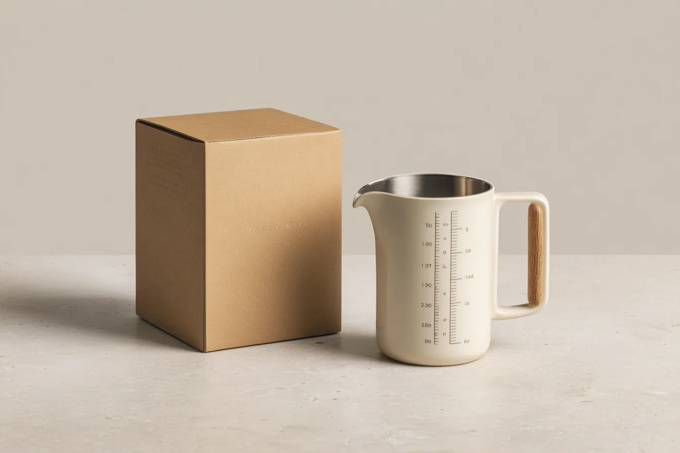 Pourline pitcher beside its kraft cardboard shipping box