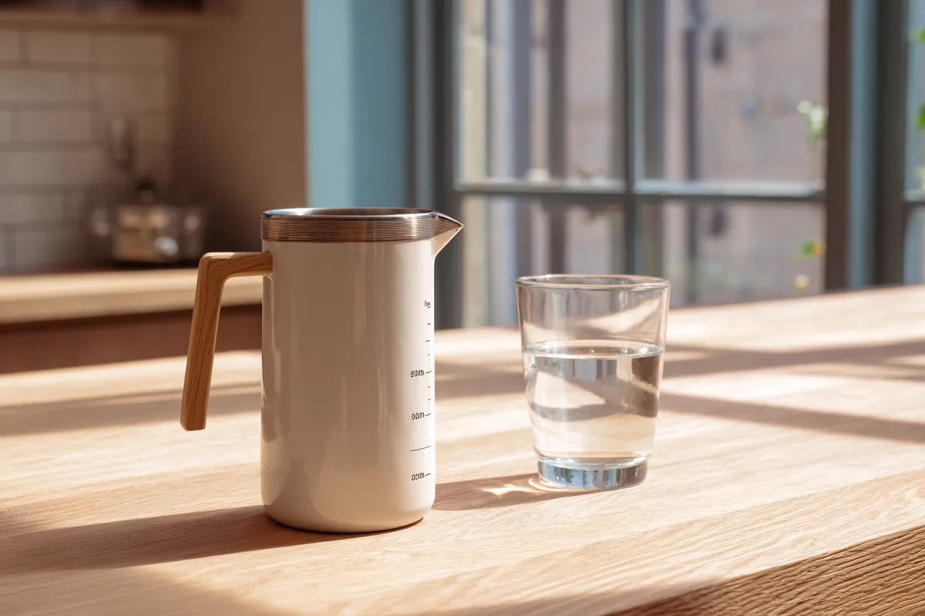 Pourline pitcher beside a glass of water on a sunlit oak counter
