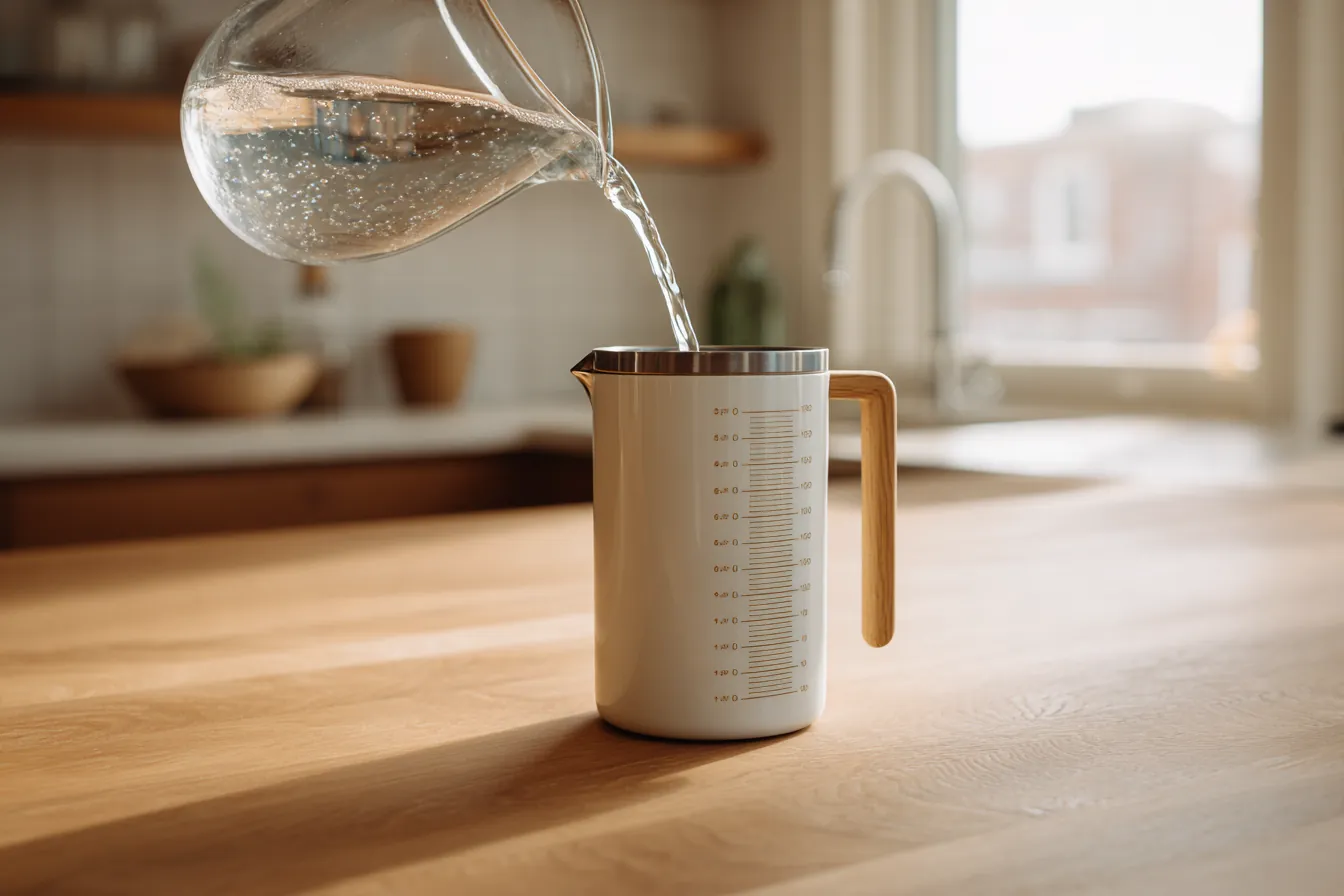 Water poured into a Pourline pitcher on an oak kitchen counter with the measuring lines clearly visible