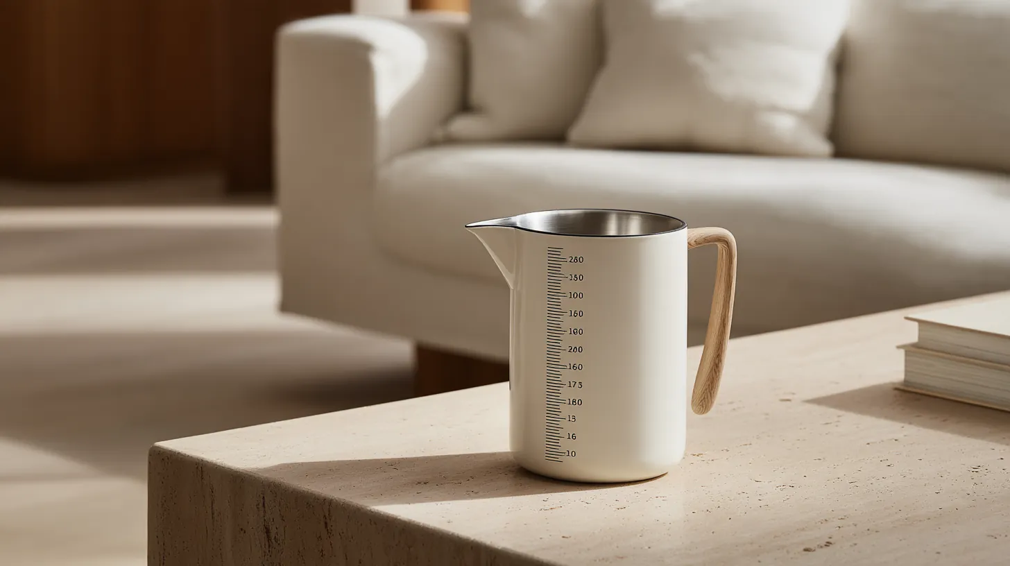 Pourline pitcher on a travertine table in a minimalist living room with a linen sofa