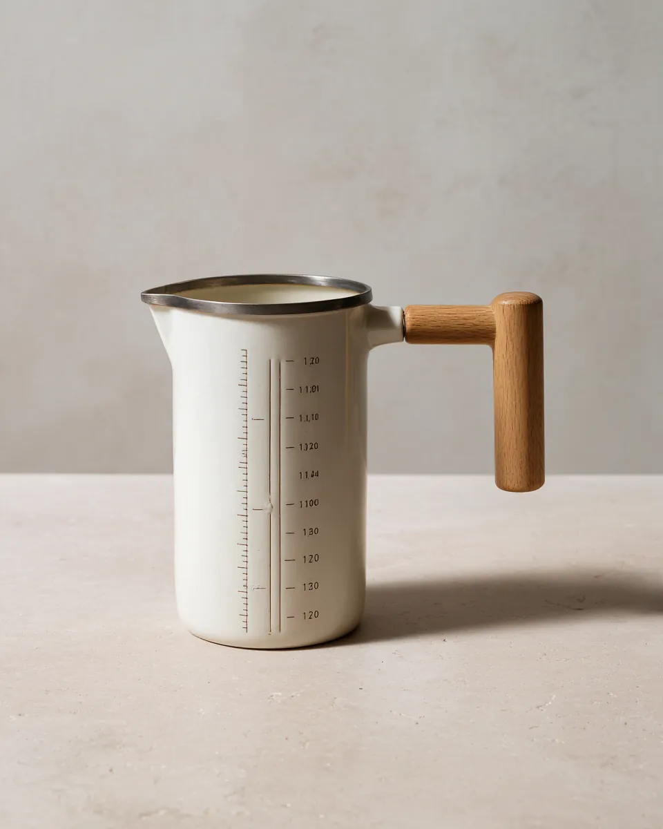 Pourline pitcher in side profile showing the oak handle